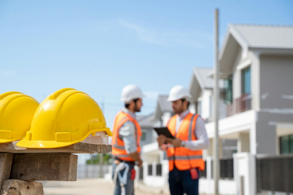 Safety helmets for workplace construction,The safety helmet at construction site.
